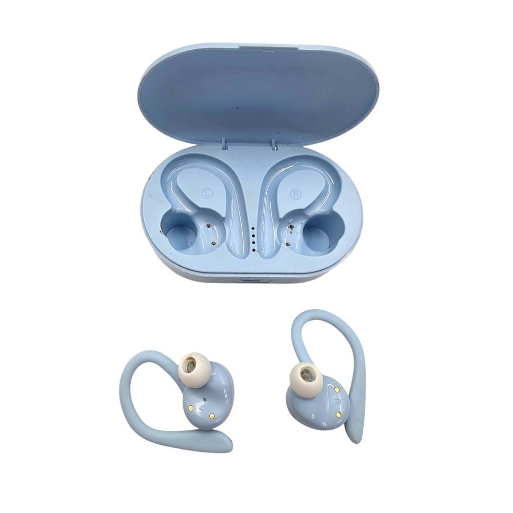 Light Blue Wireless Sport Earbuds with Over Ear Hooks Charging Case ZE082922 O4
